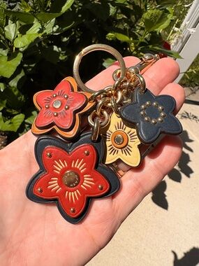 Coach Floral Leather Keychain Charm in Red, Navy and Cream